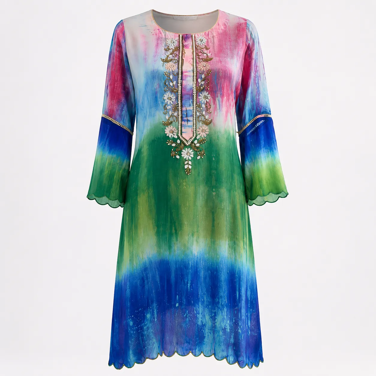 Boho Bloom Tie-Dye Embroidered Kurti Set